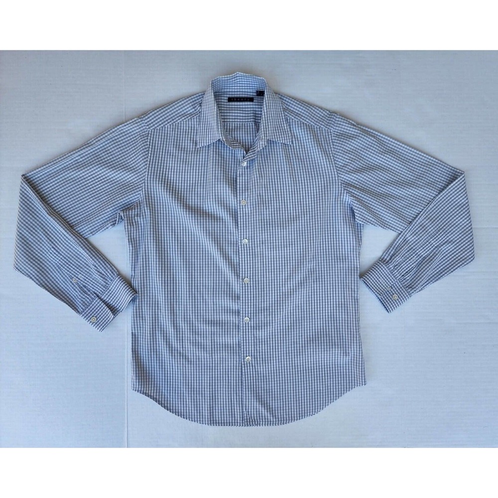 Theory Button Up Long Sleeve Shirt Gray & White Check Size SMALL